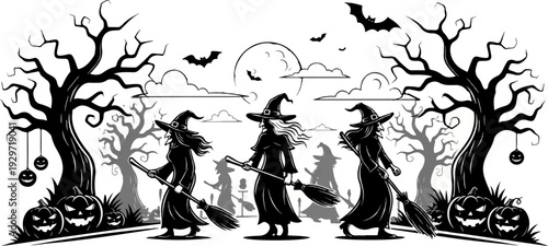 Spooky witches with brooms walk under a full moon with bats and jack-o'-lanterns