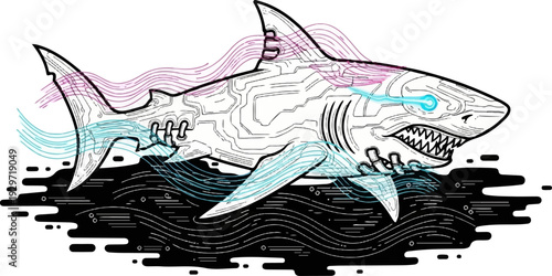 Cybernetic shark with laser eye swims through stylized ocean waves