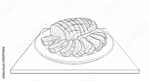 Sliced roast on a plate, presented on a wooden board