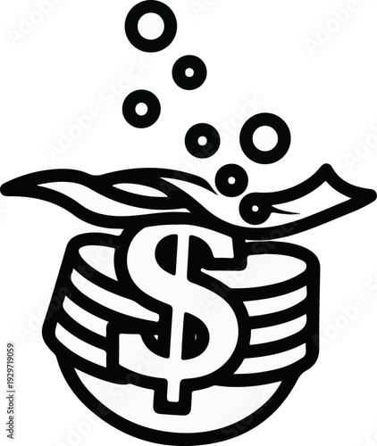 Stack of coins with dollar sign and bubbling liquid above