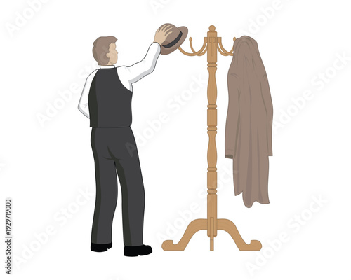 Vector design of a man seen placing his suit and hat on a vintage wooden clothes hanger rack made of brown wood