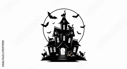 Spooky haunted house silhouette with cats, bats, and a pumpkin under a large moon