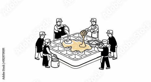 People making a waffle with honey and batter