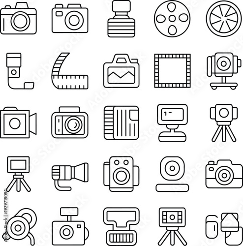 Set of black and white camera and equipment reel tripod de