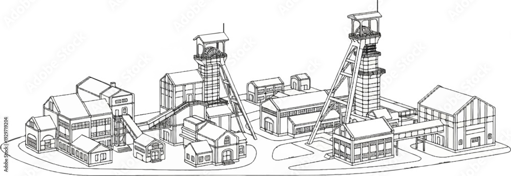 Fototapeta premium Industrial complex with mining towers and surrounding structures