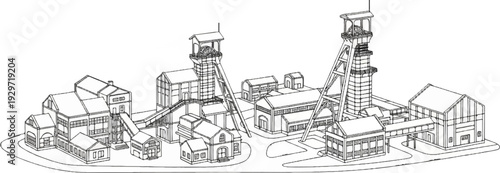 Industrial complex with mining towers and surrounding structures