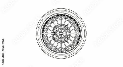 Intricate circular metalwork pattern with radiating spokes and swirling filigree details