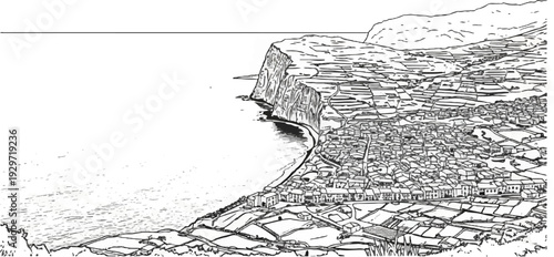 Coastal village nestled among cultivated terraces on a hillside overlooking the sea