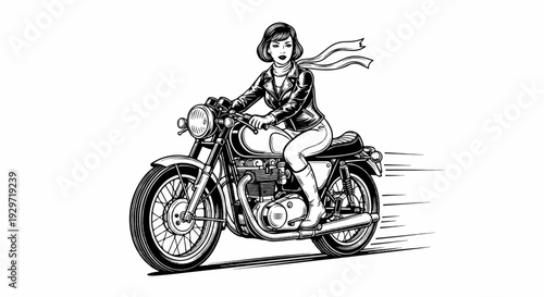 Retro woman on speeding motorcycle, black and white line art style