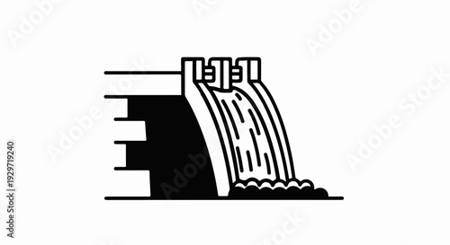 Black and white illustration of a dam with water flowing through three gates