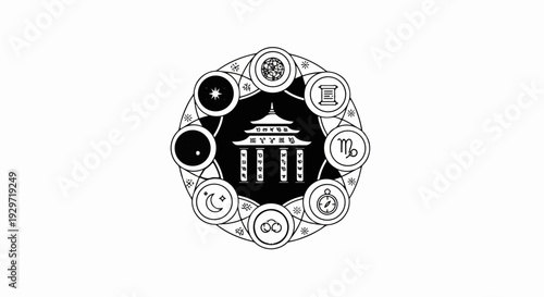 Circular emblem with a building and astrological symbols on a black background