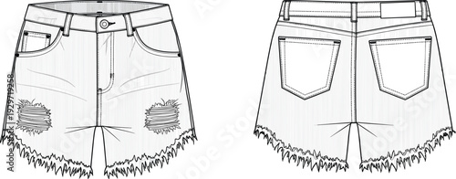 Women blue distressed denim shorts with frayed hem, ripped jean hot pants template, technical fashion flat sketch, cad drawing flat vector illustration.