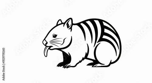 Stylized black and white illustration of a striped marsupial with its tongue out