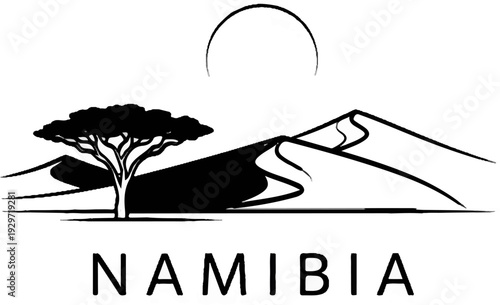 Silhouette of an acacia tree and sand dunes under a sun-like circle