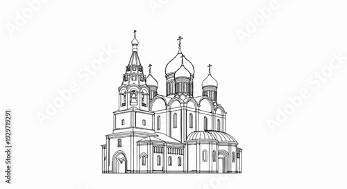Detailed sketch of an Orthodox church with multiple domes and a bell tower