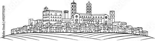 Panoramic view of an old European town with church towers and hills