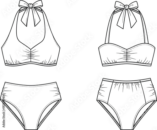 Women high waisted bikini swimwear set, halter neck tie top with ruched bottom, technical fashion flat sketch, cad drawing flat vector illustration.