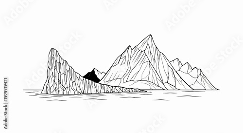 Stylized black and white drawing of sharp, jagged mountain peaks rising from calm water