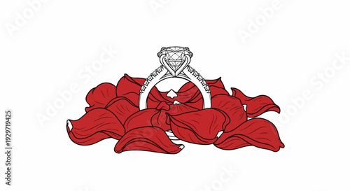 Detailed sketch of a sparkling diamond ring nestled amongst vibrant red rose petals