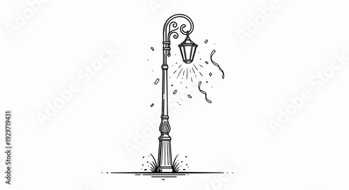 Ornate vintage lamppost with falling confetti and streamers, light radiating outward