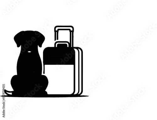 Silhouette of a seated dog beside a rolling suitcase