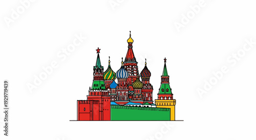 Colorful outline of St. Basil's Cathedral with domes and towers on a white background