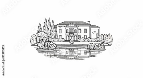 Elegant manor house with manicured gardens reflected in tranquil waters