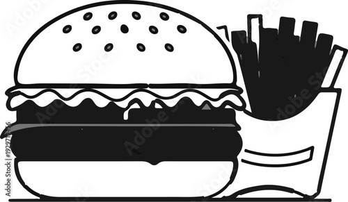 A stylized illustration depicts a classic hamburger with fries in a container