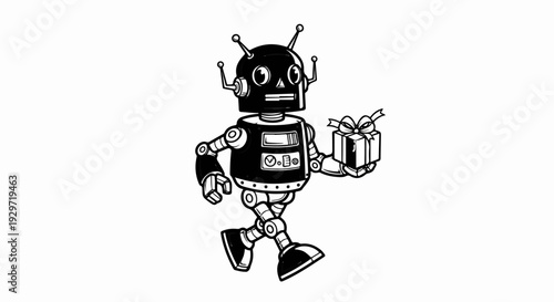 A retro robot walks forward holding a gift box adorned with a ribbon bow