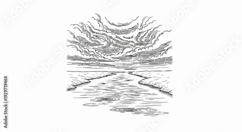 Dramatic, windswept clouds hover over a reflective river with rippling water