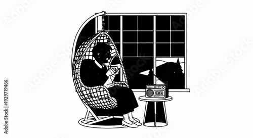 Person in egg chair holds mug, gazes out window at cat; radio on side table