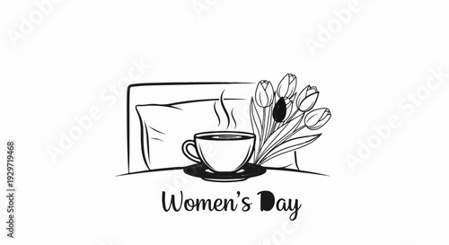 Hand-drawn illustration of a coffee cup with steam, tulips, and pillow for Women's Day