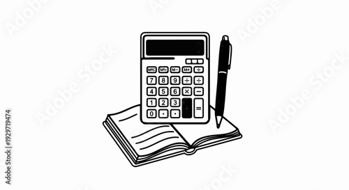 An open notebook, a calculator, and a pen arranged together on a white background