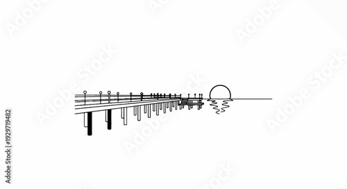 Minimalist line drawing of a pier extending into calm water with a setting sun