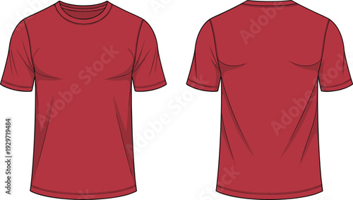 Men red short sleeve crew neck t-shirt, casual cotton tee template, front and back view, technical fashion flat sketch, cad drawing flat vector illustration.