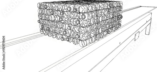 Compressed plastic bottles stacked high on a conveyor belt