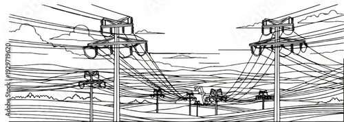 Power lines traverse a landscape with hills, clouds, and distant mountains