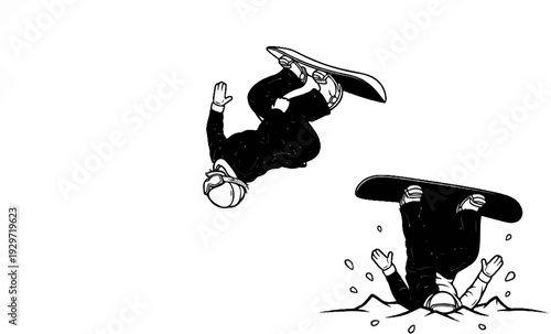 Two snowboarders performing aerial tricks on a snowy slope, one in mid-air, another landing