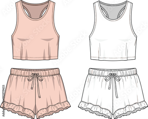 Women pink and white pajama set with racerback crop top and ruffled drawstring shorts, technical fashion flat sketch, cad drawing flat vector illustration.