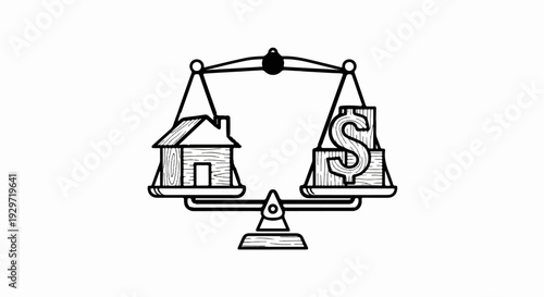 A balance scale weighs a house against a dollar sign, representing value comparison