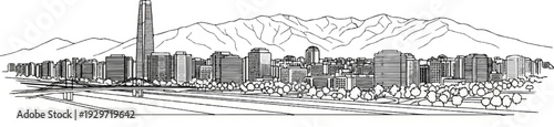 A sketch of a modern city skyline with mountains in the background