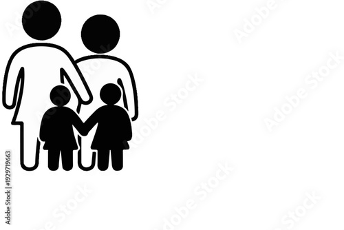 Simple black graphic depicts a family of four with two adults and two children