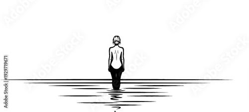 Woman stands in water looking out to a bright, empty horizon