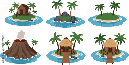 Tropical island huts and volcano cartoon set, small ocean islands with palm trees, wooden houses and erupting mountain, flat vector illustration