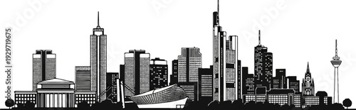 Detailed black and white illustration of a city skyline featuring diverse architecture and structures
