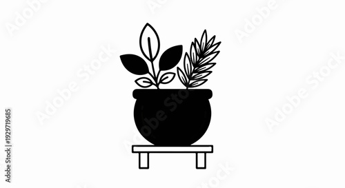 Stylized illustration of a pot with two types of leafy plants on a stand