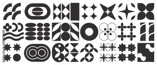 abstract retro shapes collection, basic brutal forms and figures in y2k aesthetics, vintage stickers logos and labels, decorative design elements, trendy nostalgic vector graphics set.
