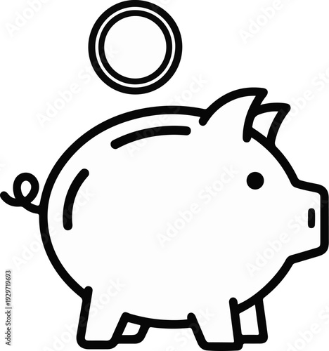 A simple black and white line drawing of a pig piggy bank with a coin