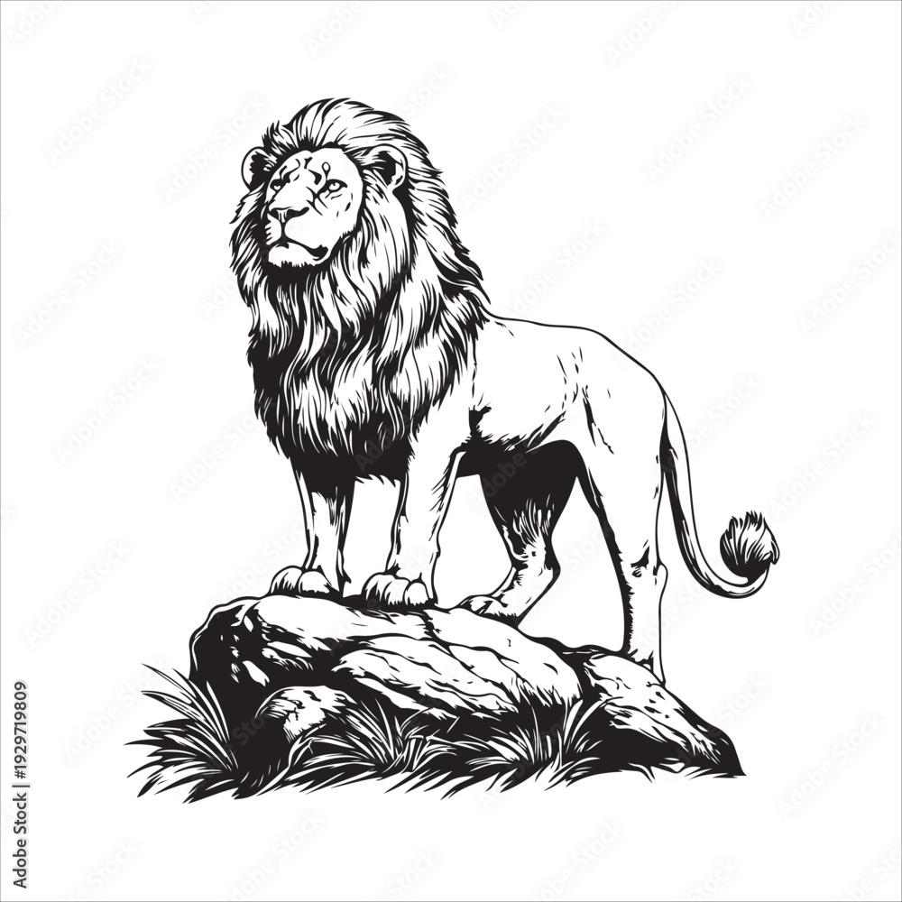 Obraz premium Black and white silhouette of a roaring lion standing on a rock. 