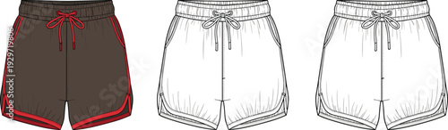 Women athletic dolphin shorts with drawstring waist, running gym sports shorts template, technical fashion flat sketch, cad drawing flat vector illustration.